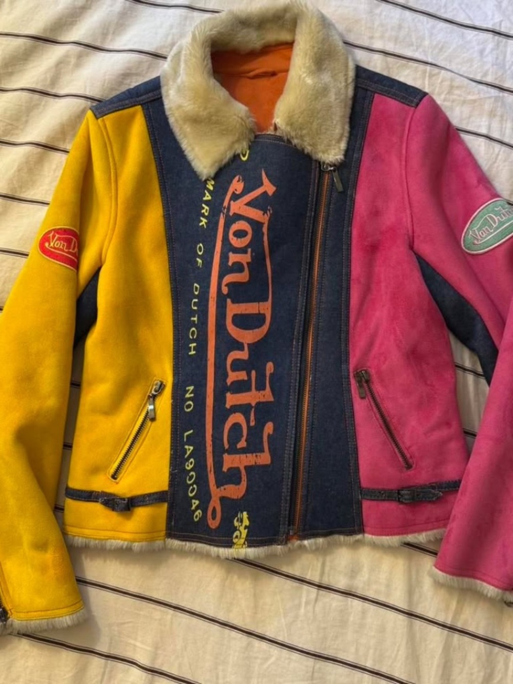 rare vintage von dutch denim, faux suede, and faux fur colorblock jacket 🩷💛💙